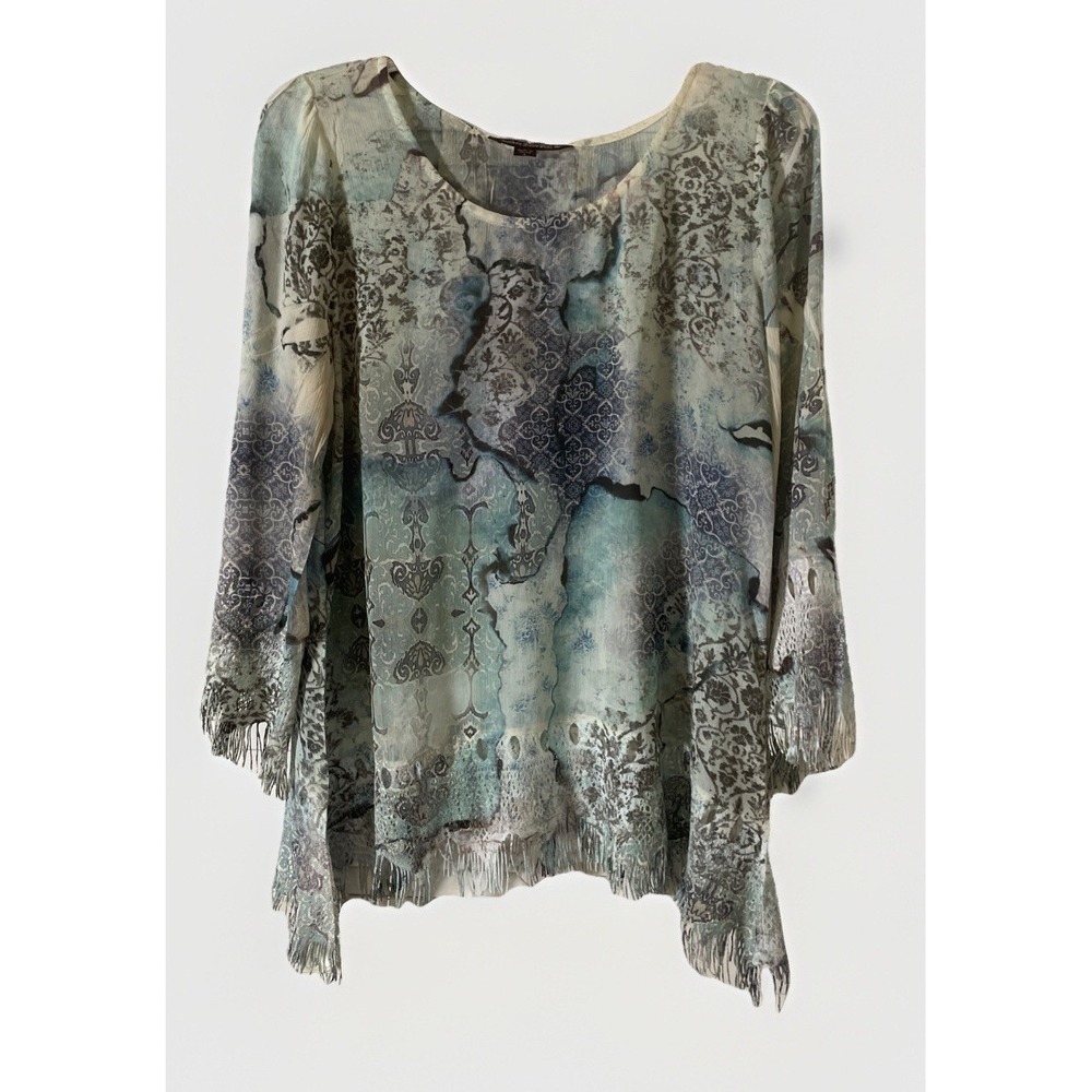 Mushka by Sienna Rose large women's top sheer multicolor paisley with fringe
